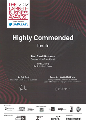 Highly Commended in the 'Best Small Business' category at the Lambeth Business Awards 2012